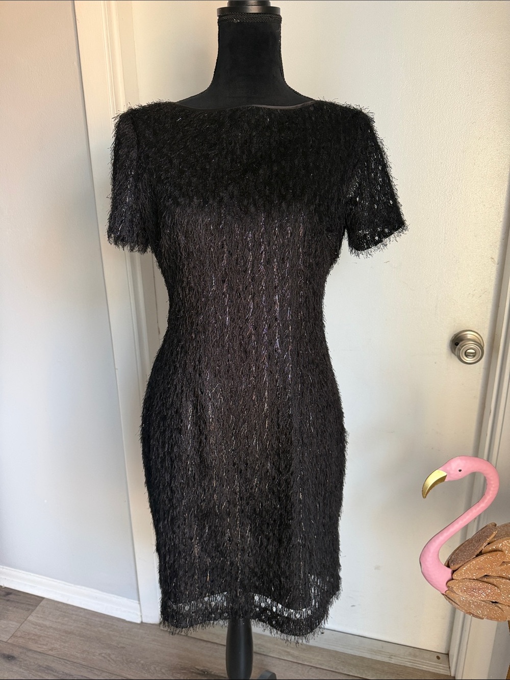 Black Textured Tahari Short Sleeve Midi Dress